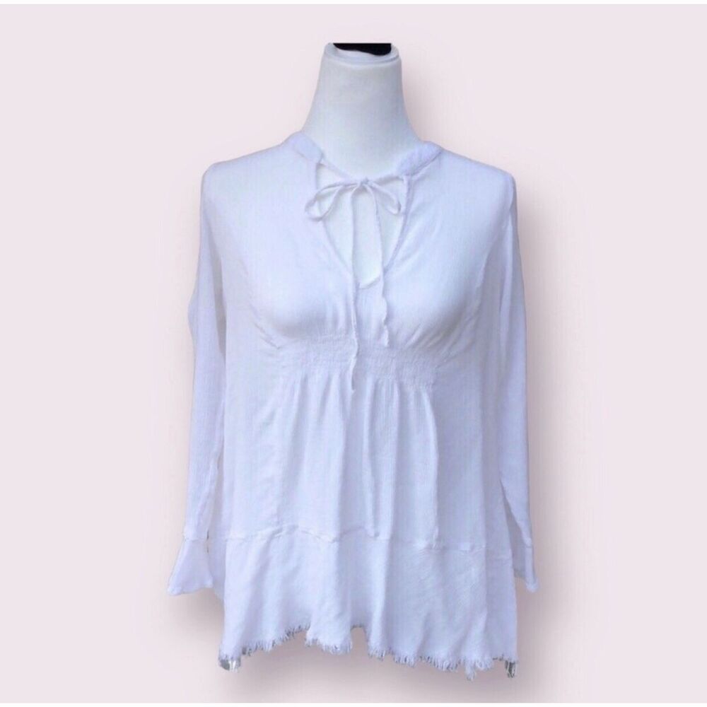Silver Jeans Co Bell Sleeve Split Neck Raw Hem Peasant Top Women’s Sz Small